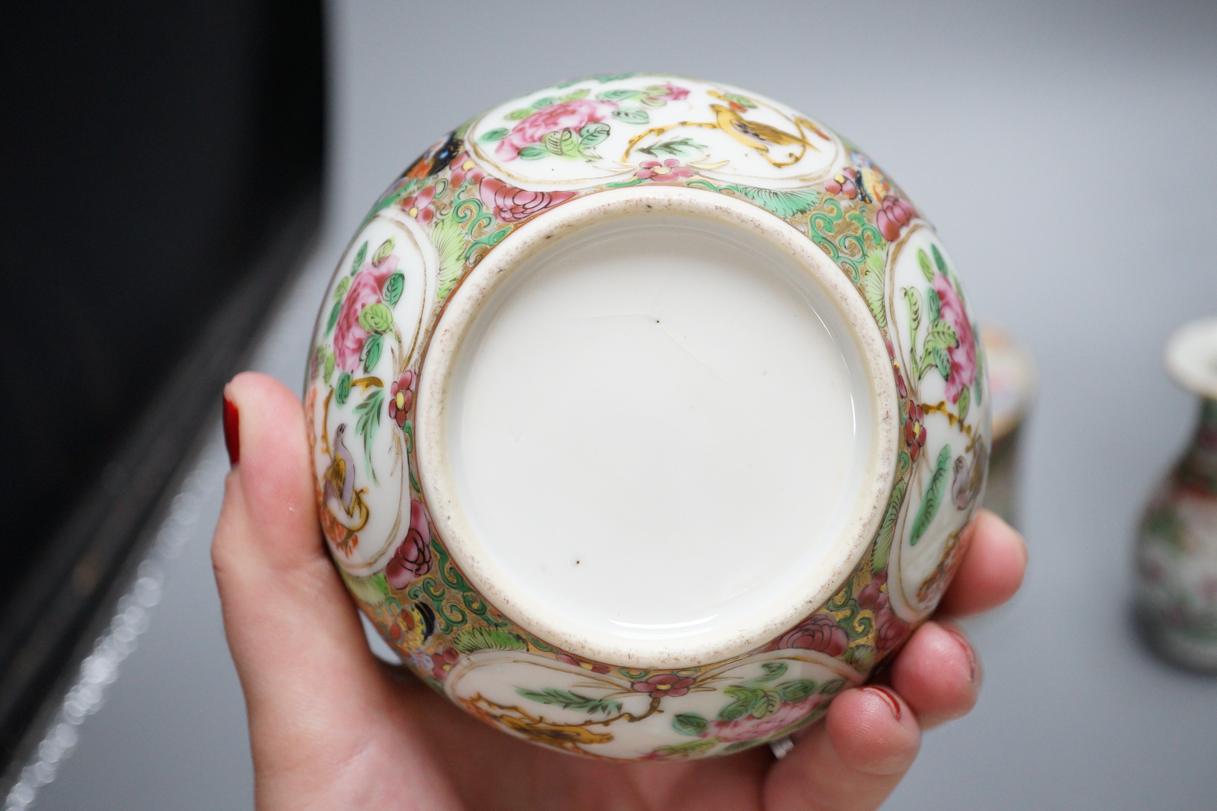 A group of 19th century Chinese canton wares including a sleeve vase, boxes, dishes etc.